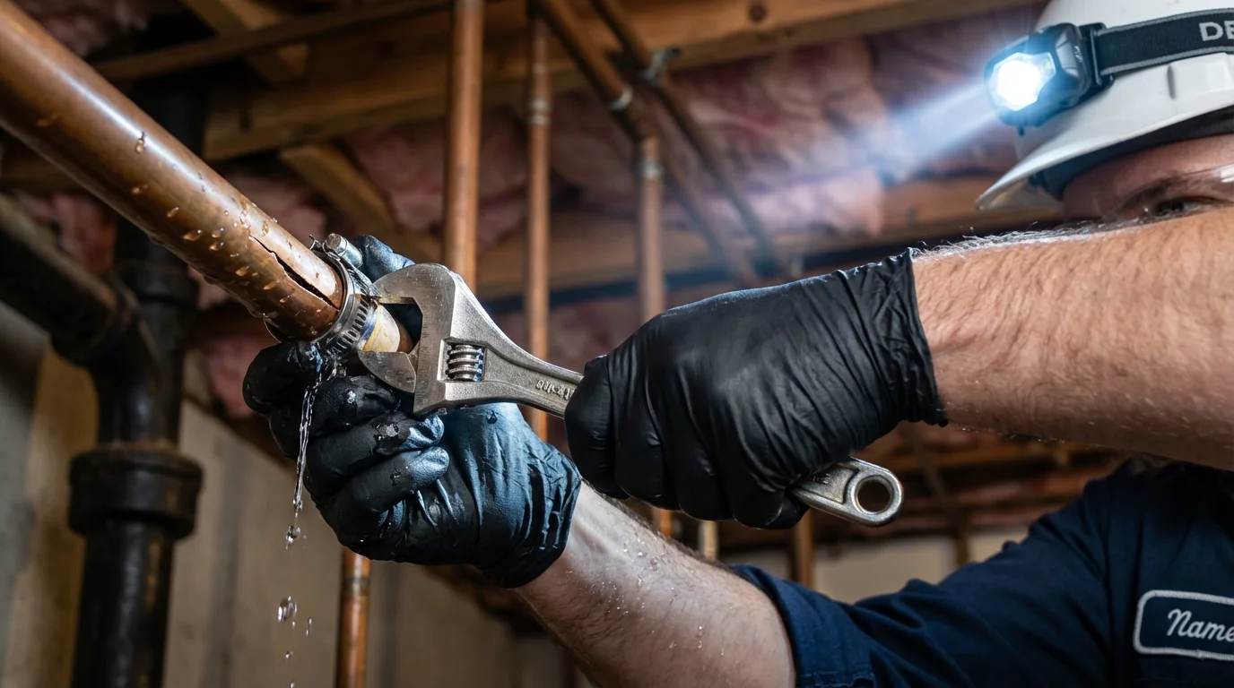 Emergency pipe clamp repair being performed by a Johns Plumbing LLC plumber in Zelienople