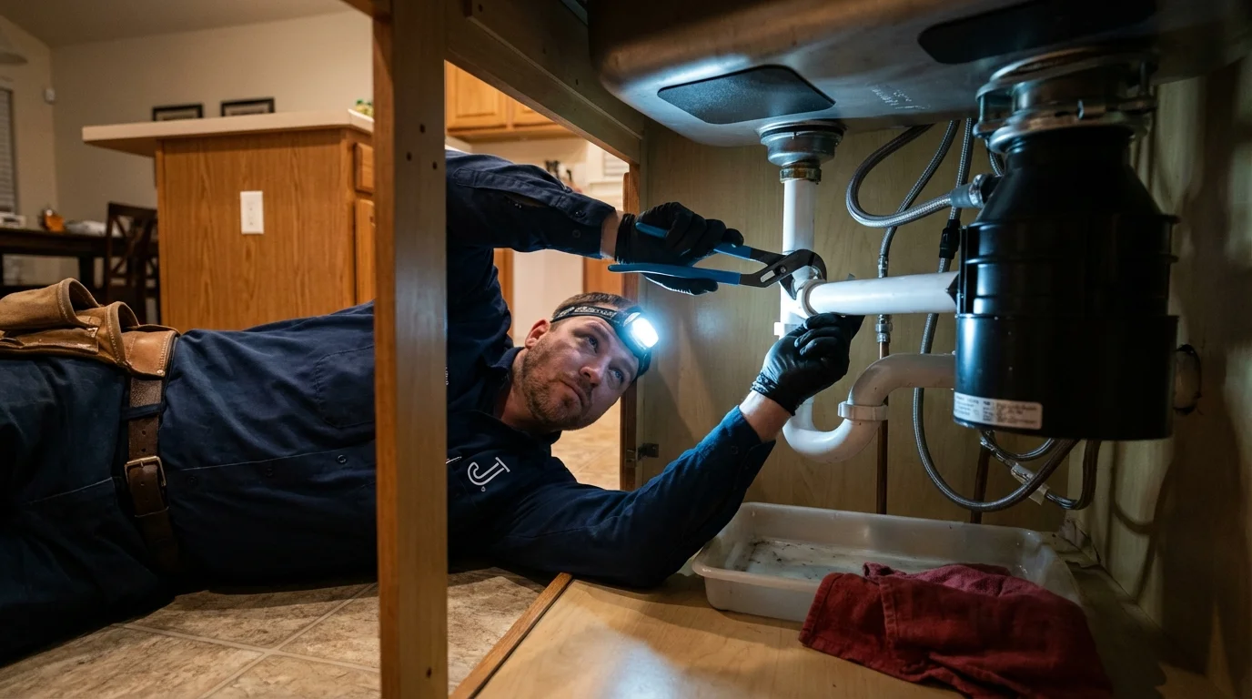 P-trap and supply line connections under a kitchen sink showing a common leak point in Zelienople, PA